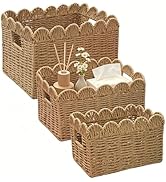3 Pcs Toilet Tank Basket Set, Scalloped Edge Bathroom Organizer Baskets with Wooden Handles, Over...