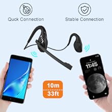 Wireless earbuds with bone conduction technology, shown connecting to smartphone and smartwatch. Icons indicate quick and stable connection, 10m/33ft range.