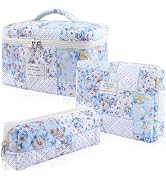 Hatende 3Pcs Cotton Quilted Makeup Bag Set,Large Floral Cosmetic Bag,Aesthetic Toiletry Travel Ma...