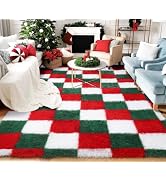 KICMOR Christmas Rug for Living Room 5x8, Soft Fluffy Red Green White Checkered Shag Area Rug Fuz...