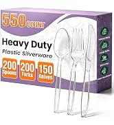 550 Count Plastic Silverware Heavy Duty,Clear Disposable Plastic Utensils Set,200 Forks, 200 Spoo...