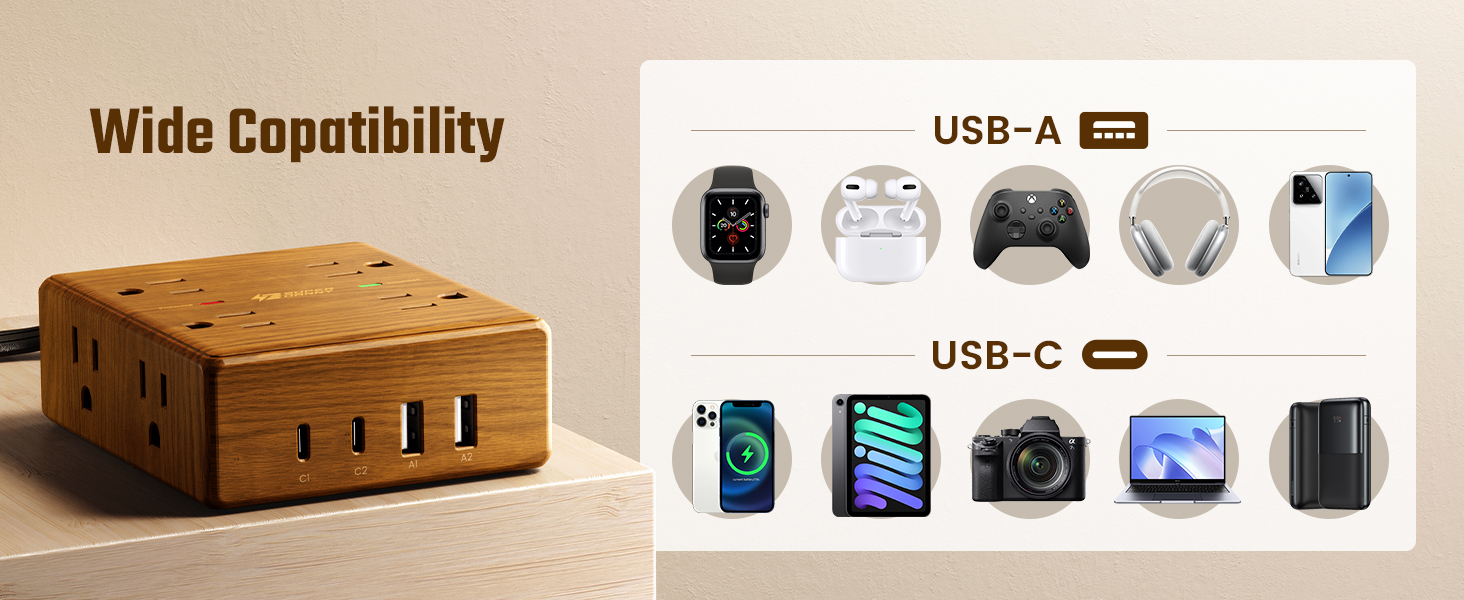 wood charging station desk extension cord