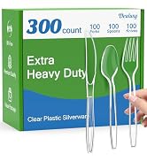 Dealusy 300 Count Extra Heavy Duty Clear Plastic Silverware, 100 Forks, 100 Spoons, 100 Knives, B...