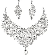 BriLove Wedding Bridal Crystal Rhinestones Marquise Cluster Statement Necklace Dangle Earrings Je...