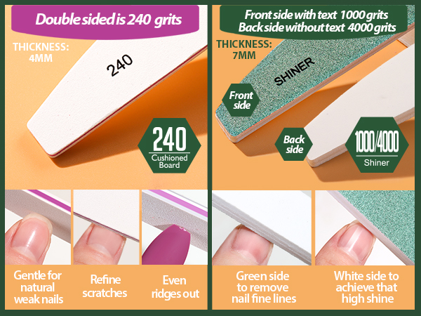 240 grits nail file and 1000/4000 grits polish buffer