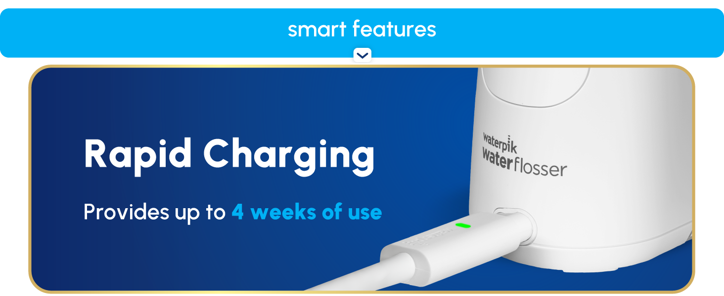 Image of Waterpik floss machine charging cable with text reading up to 4 weeks of use per charge.