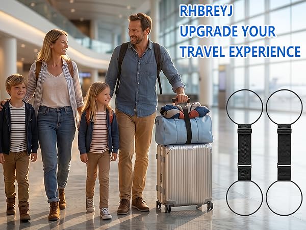 Family traveling effortlessly with luggage straps holding bags