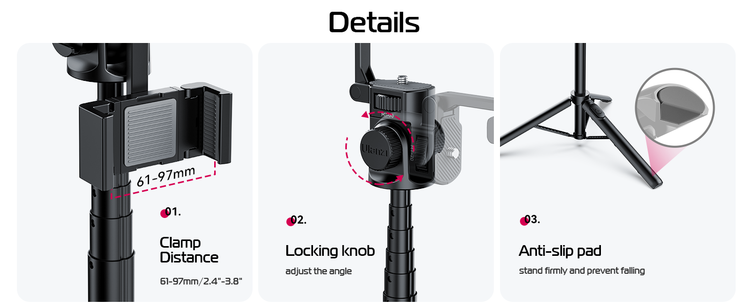 Universal mobile phone and camera tripod with 2 mobile phone holders, the MT-70 tripod adopts an