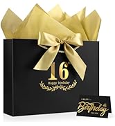 JMANNI Black Gold 16th Birthday Gift Bag with Card and Tissue Paper, 12.6"×9.84"×3.9" Elegant Pre...