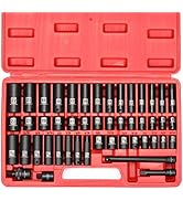 MIXPOWER 3/8" Drive Deep Impact Socket Set, 6 Point, 48 Piece Standard SAE and Metric Sizes-5/16-...