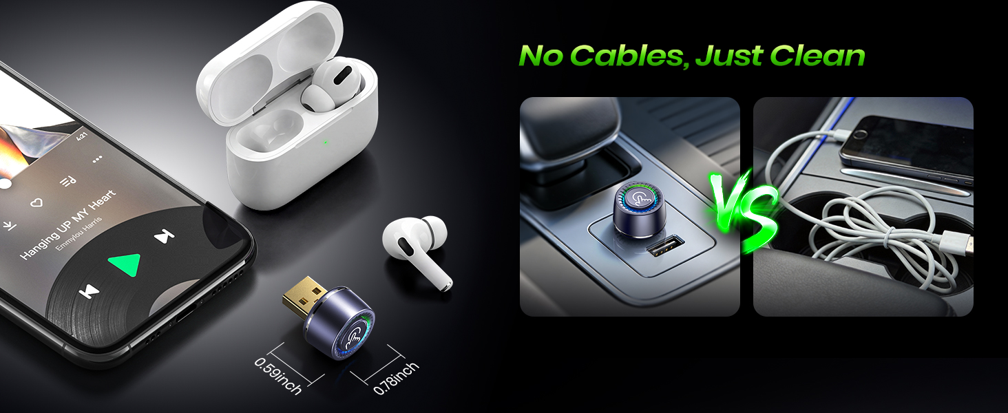 Car Play wireless adapter fits neatly near the USB port to reduce dashboard clutter.
