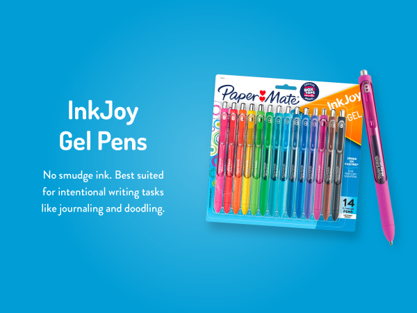 inkjoy gel pens teacher student colorful blue background no smudge intentional writing task journal