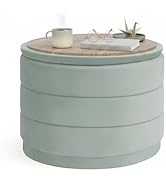 B FSOBEIIALEO Round Velvet Storage Ottoman with Tray, Folding Ottoman with Storage Coffee Table F...