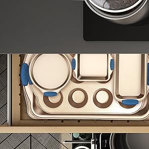 6-Piece Nonstick Bakeware Set;Carbon Steel Baking Trays w/ Heat safe Silicone Handles, Oven Safe