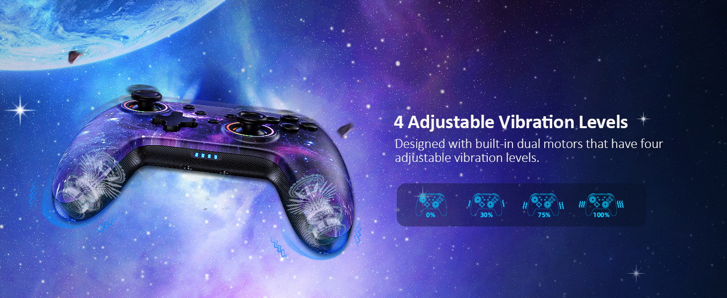 The wireless controller has built-in dual motors with four adjustable vibration levels.