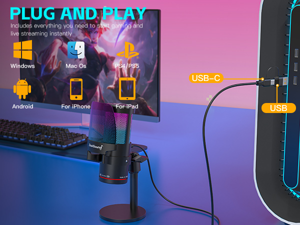 Noise Cancellation Gaming mic with Touch Mute,Gain,Monitoring