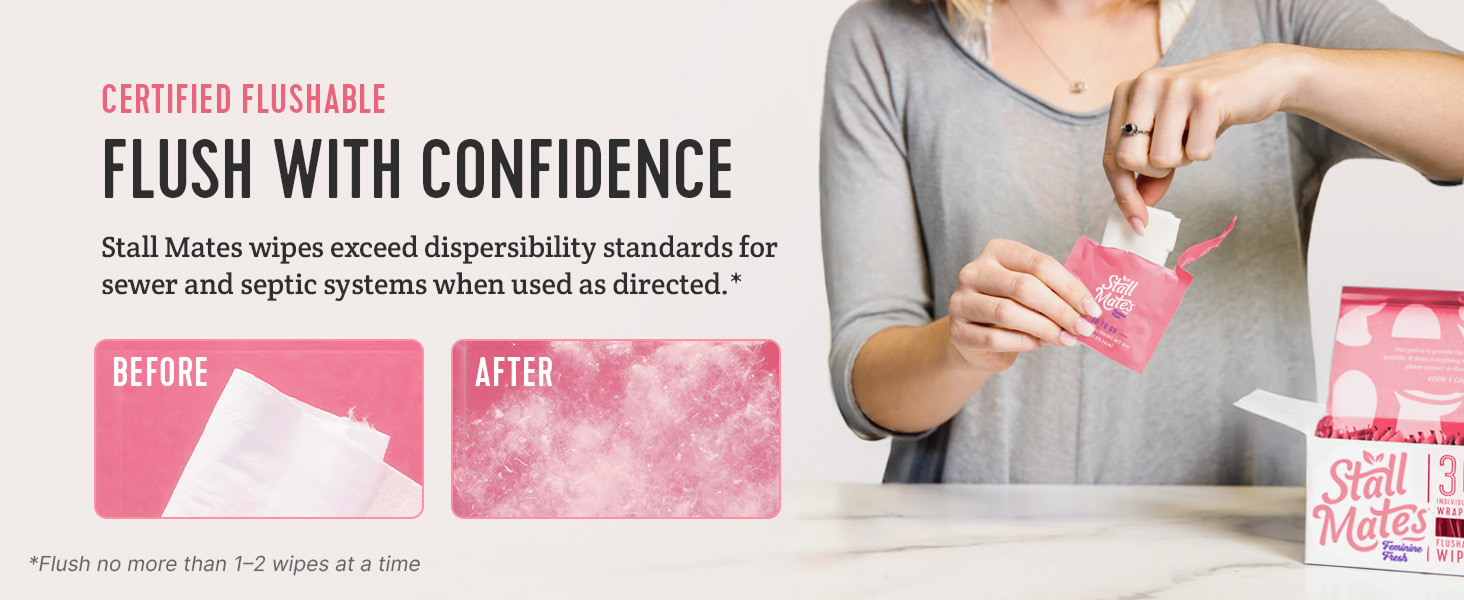 Stall Mates, flushable wet wipes. Designed to flush with confidence