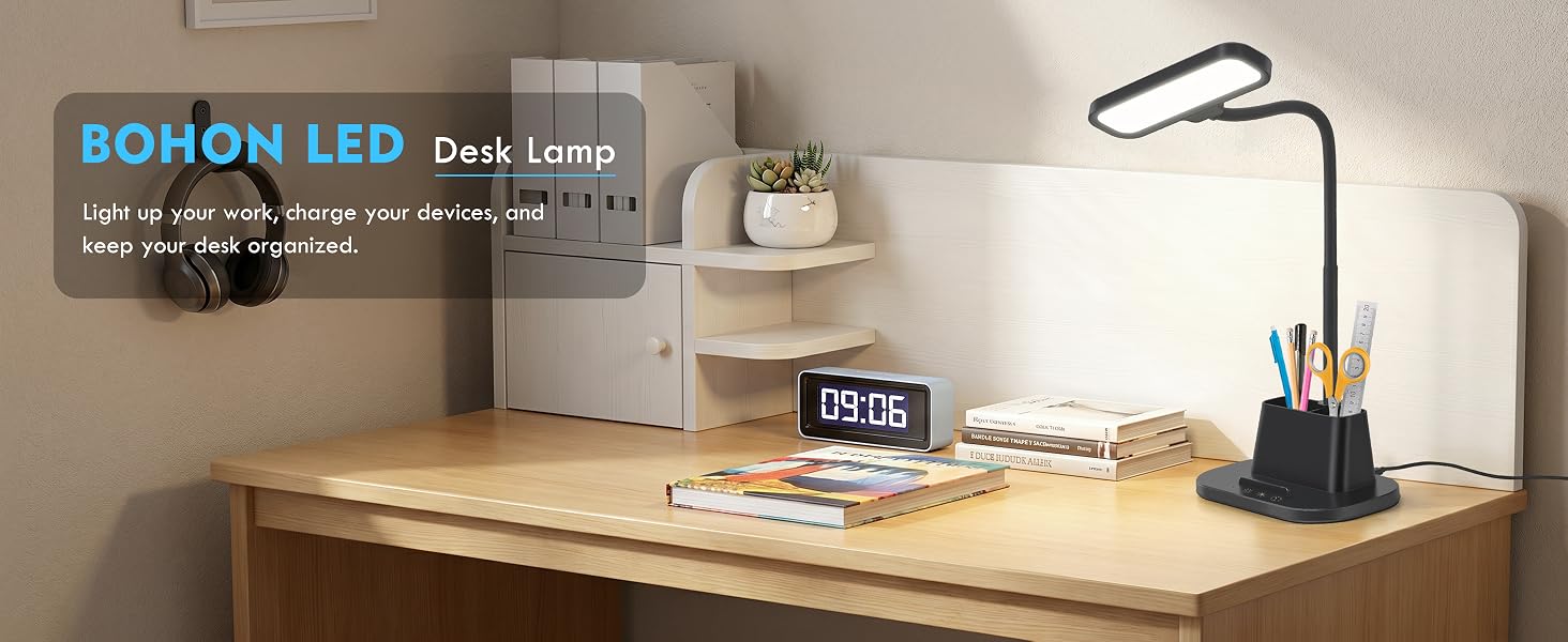 Desk Lamps for Home Office with Pen Holder USB Charging Ports Reading Light LED Table Lamp