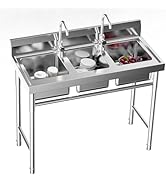 Stainless Steel Utility Sink, 3 Compartment Free Standing Kitchen Sink with Hot Cold Faucets, Uti...