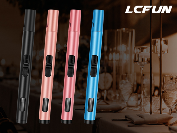 Four slim, pen-like devices in black, rose gold, pink, and blue colors. Each has two buttons and appears to be a compact electronic tool.