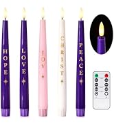 Velsyn Flameless Advent Candles Set of 5 with Words, 10 Inch White, Purple & Pink Flameless Candl...