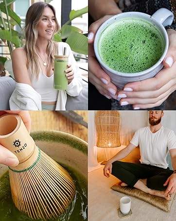 Matcha lifestyle collage with drinks, whisk, and meditation.