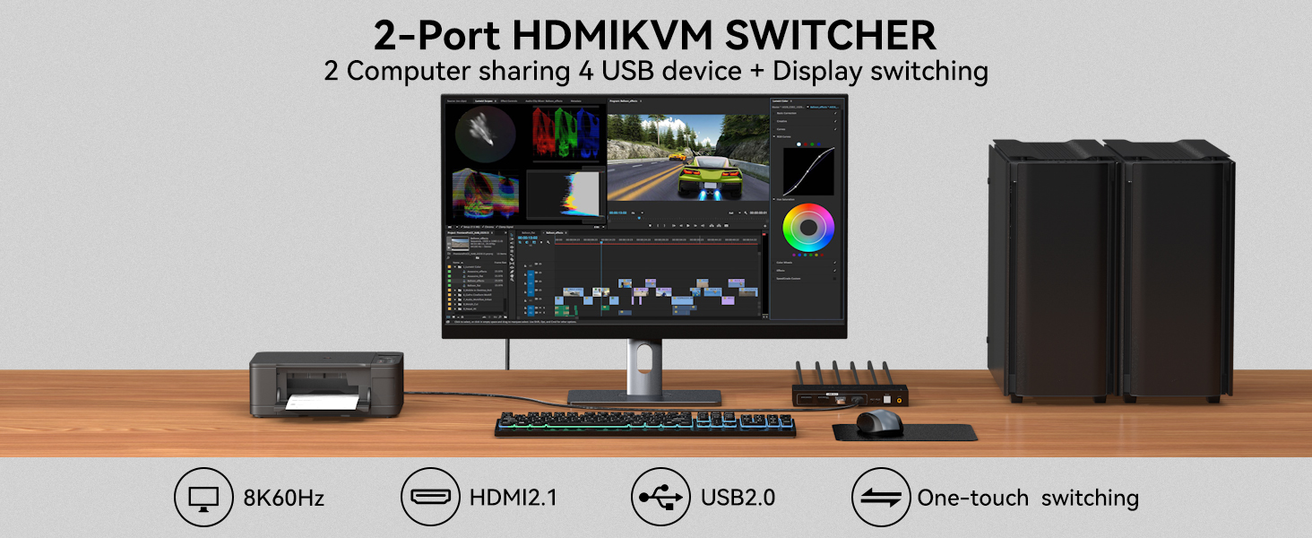 HDMI KVM Switch 2 Computer 1 Monitor 8K 60Hz