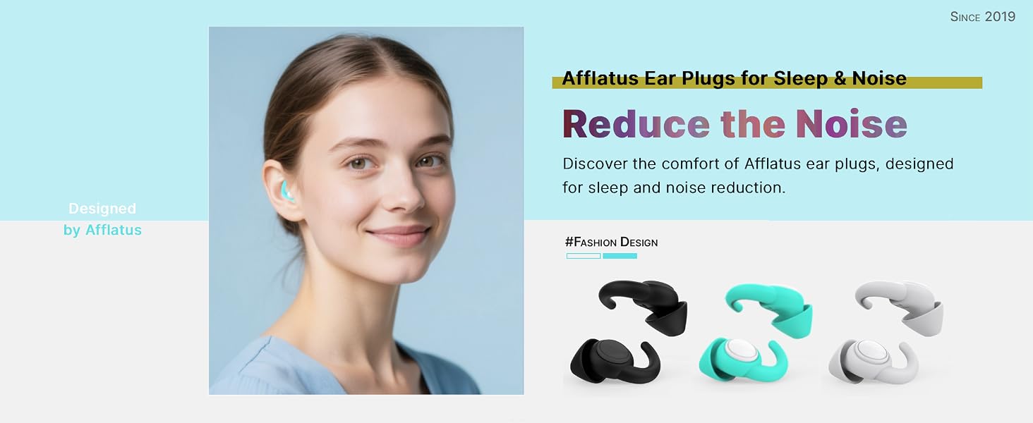 Text reads 'Reduce the Noise' with additional text about noise reduction. Portrait of person wearing wireless earbuds shown with three earbud color variations against light blue background.