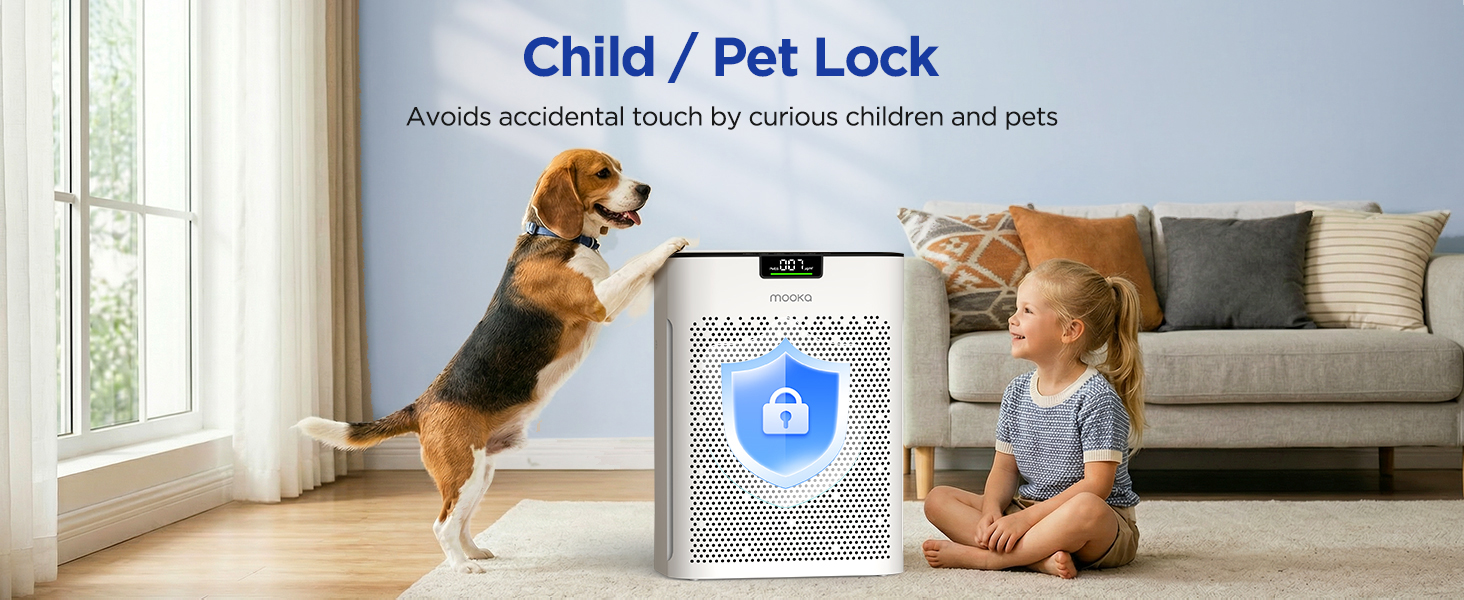 Safe air cleaner with child and pet lock to avoid accidental setting changes by toddlers and dogs