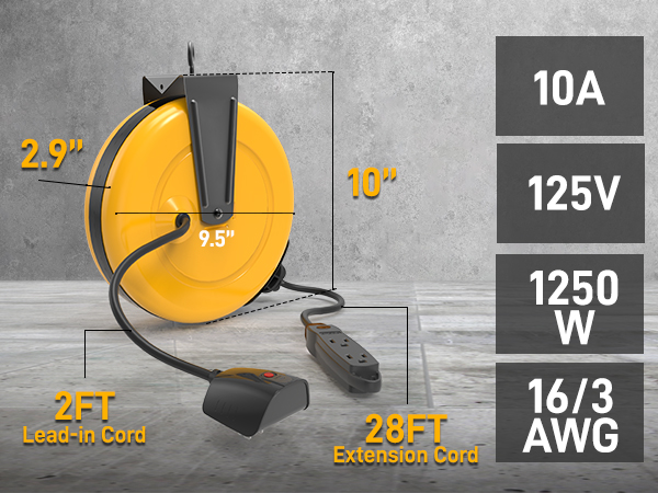 10A, 1250W, 125V, 16/3 AWG 30FT Retractable Extension Cord Reel