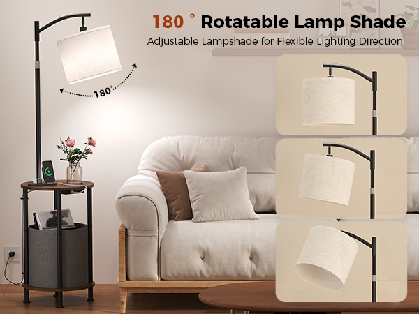 Floor lamp in a modern living room with a rotatable lampshade for flexible lighting direction.