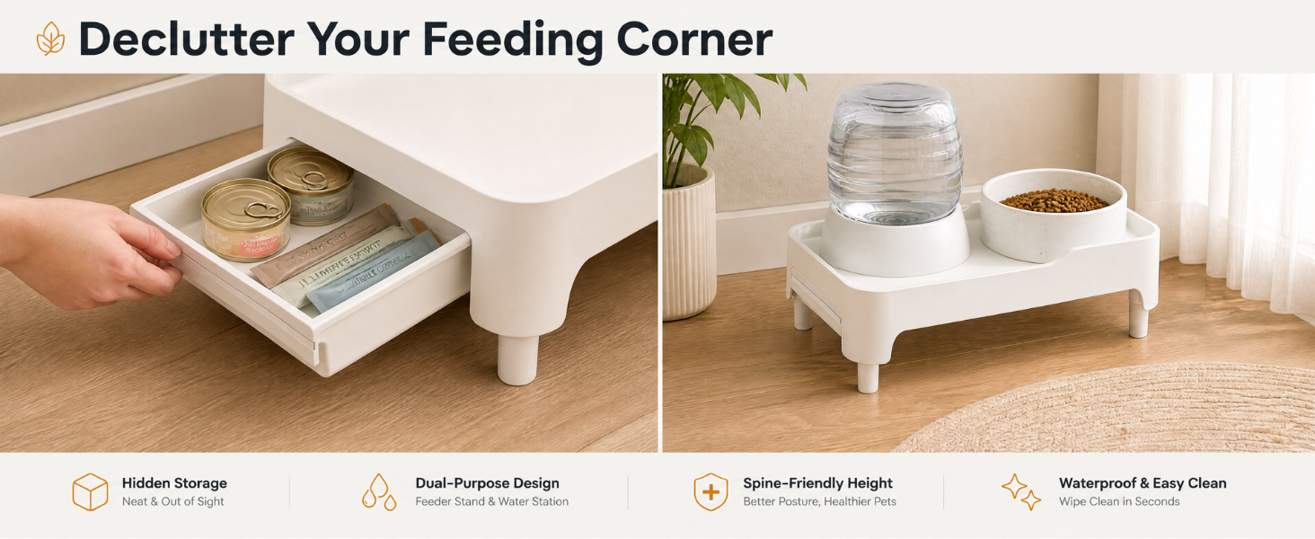 Built-in sliding storage drawer holding pet food cans treats and grooming accessories