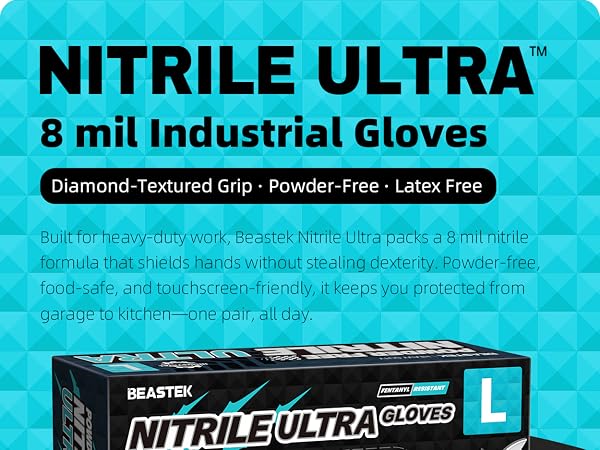 Beastek 8 mil nitrile gloves ultra industrial standard diamond textured grip powder free latex free