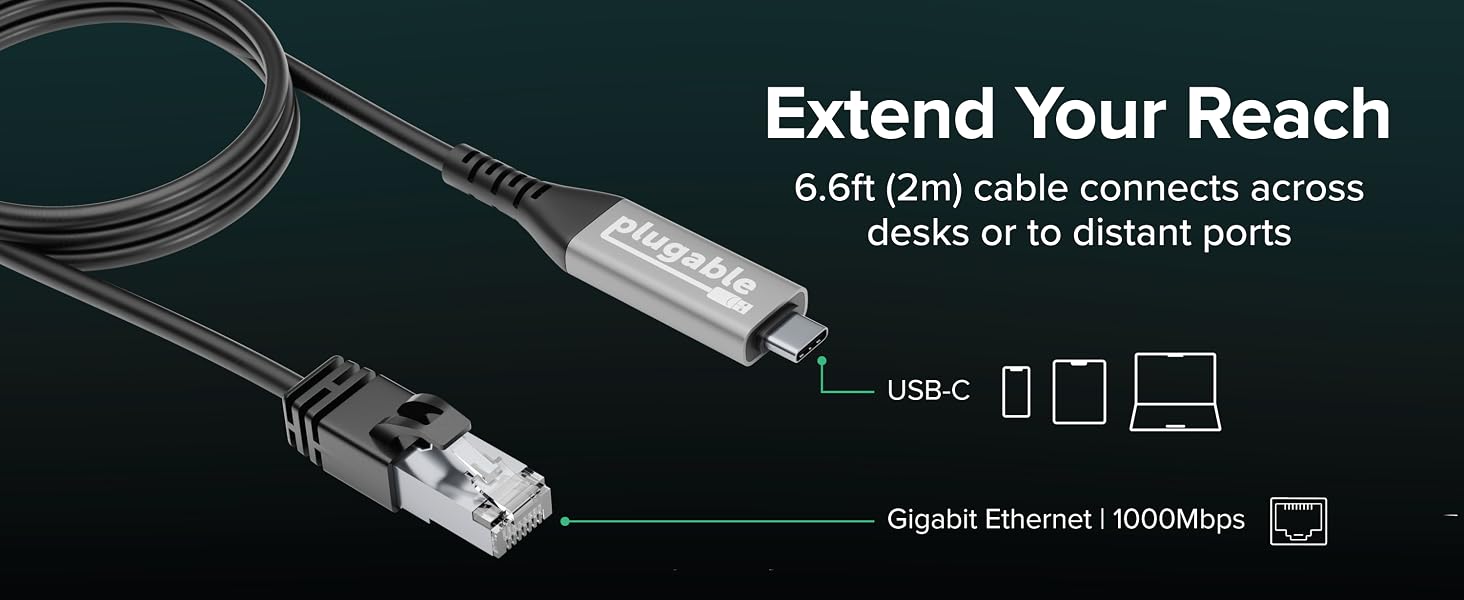 USB C Ethernet adapter with 6.6 ft extended reach cable