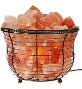 Natural Himalayan Salt Lamp, Tall Round Metal Basket lamp with Dimmer Switch | 8-10 lbs