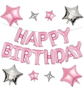 FunHot Happy Birthday Balloons Banner, Pink Happy Birthday Foil Balloons 16 Inch Mylar Foil Lette...