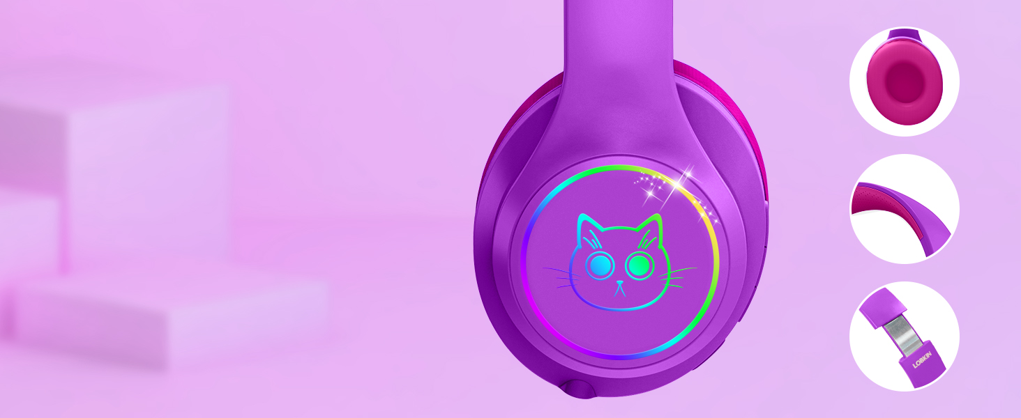 Purple wireless headphones with cat ear design. Foldable ear cups shown in separate images. Cat face icon visible on ear cup.