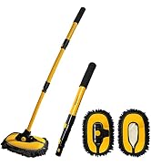 Extendable car wash mop with yellow and black design, featuring telescopic handle and two detachable oval-shaped cleaning heads with black microfiber bristles.