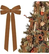 12Pcs Vintage Velvet Ribbon Bows Christmas Tree Decorations,5in x 10in Brown Xmas Ornaments for T...