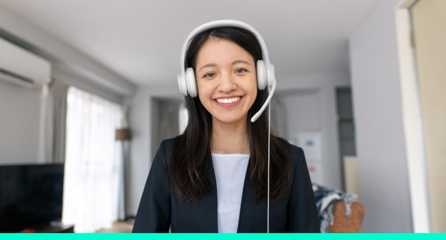 a woman wearing h390 usb headset off-white