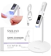 Saviland portable nail lamp kit with LED display. Includes white handheld device, USB cable, and circular base. Package shows 8X magnification and 360° rotation features.