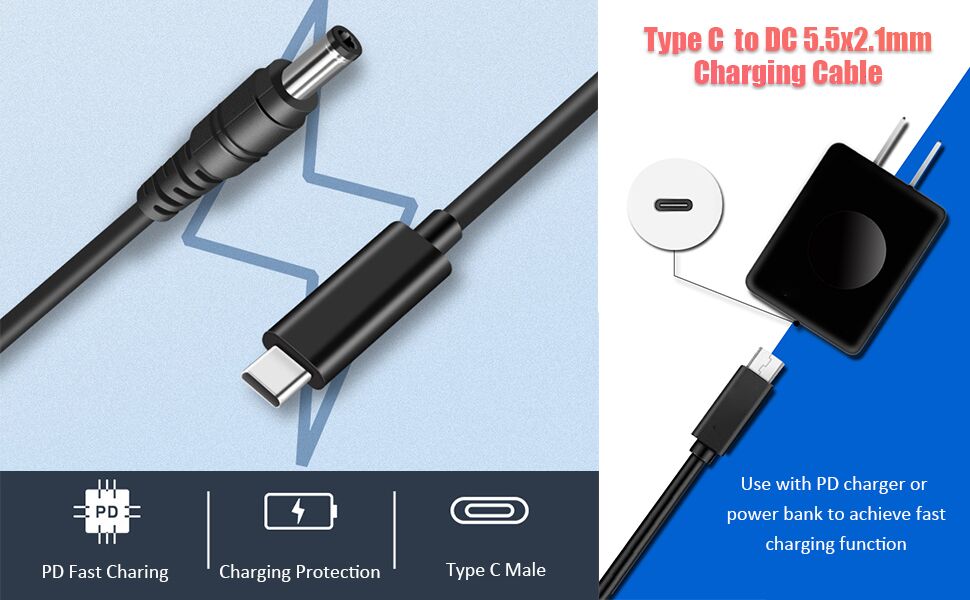 Type C Male Input to DC 5.5 x 2.1mm Male Power Charging Cable1