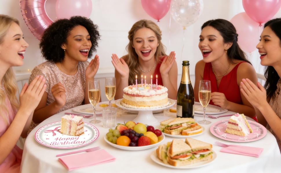 80PCS Pink Bow Party Tableware Set