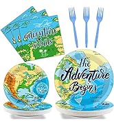 Wiooffen 96 Pcs Adventure Awaits Party Supplies Travel Map Party Plates Napkins Forks for Birthda...