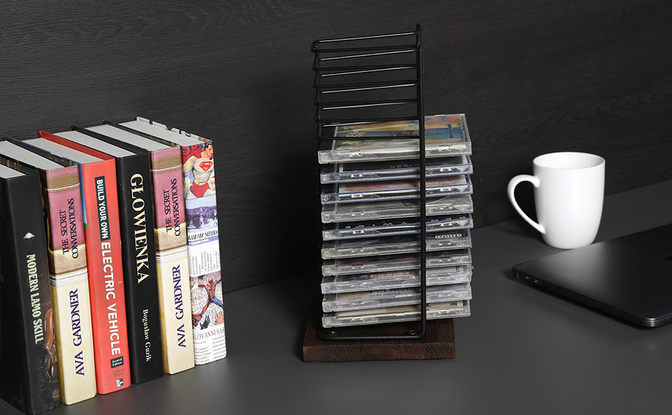 Matte Black Metal Wire Vertical Compact Disc Holder with and Burnt Wood Base