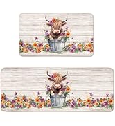 Highland Cow Flower Farmhouse Kitchen Mats Set of 2-17x29 and 17x47 Inch, Decorative Non Slip Bac...