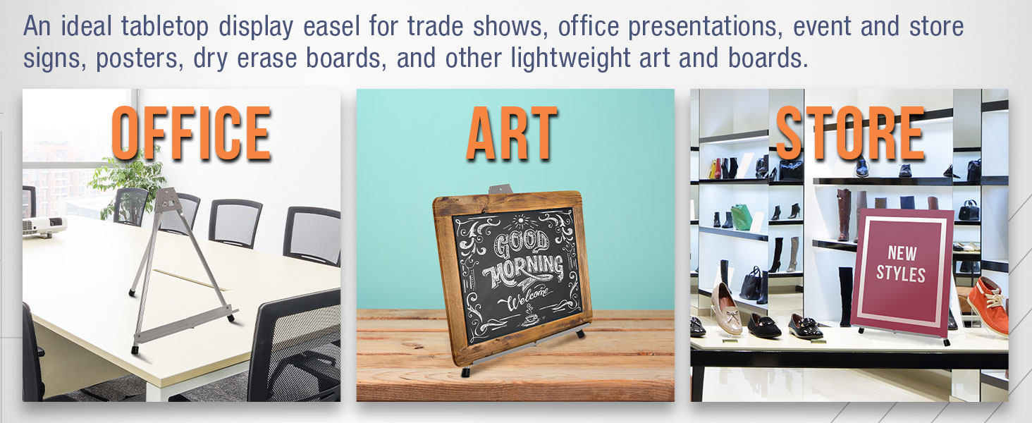 Tabletop display easel for office charts, art boards, and store signs, ideal for events and shows