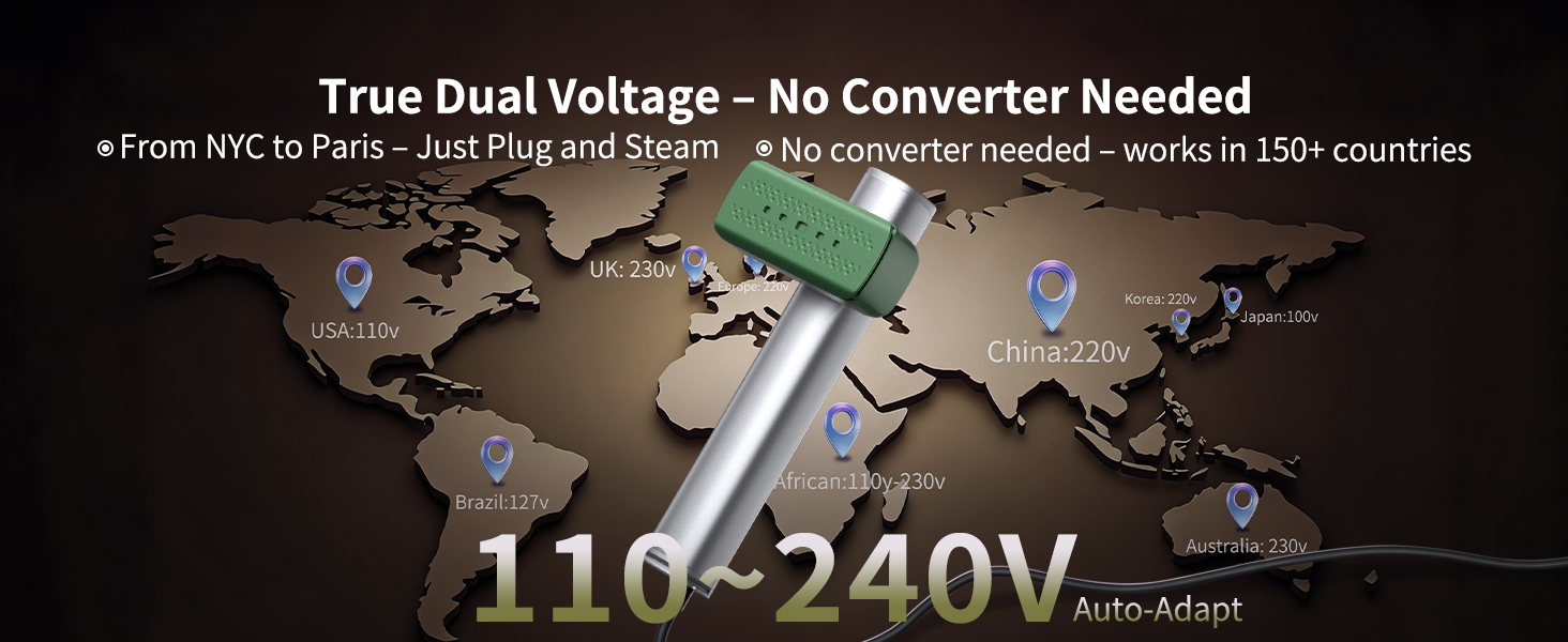 true dual voltage 110-240V green travel steamer for clothes europe, perfect for worldwide travel