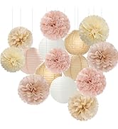Champagne-Gold White Party-Decorations Paper-Flowers Lanterns - 15PCS Boho Fall Rustic Tissue Pom...