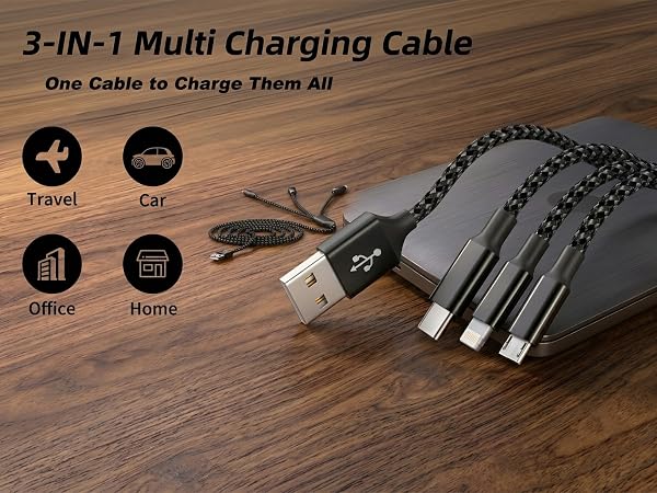 Replace messy tangled desk cords with a sleek 3-in-1 universal charger solution
